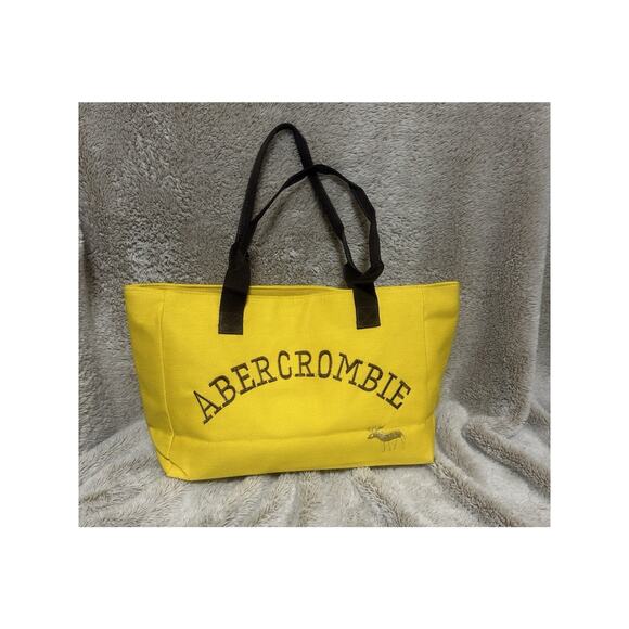Abercrombie & Fitch Tote Bag Yellow & Brown Canvas Cotton Logo Moose Embroidery - Picture 1 of 5